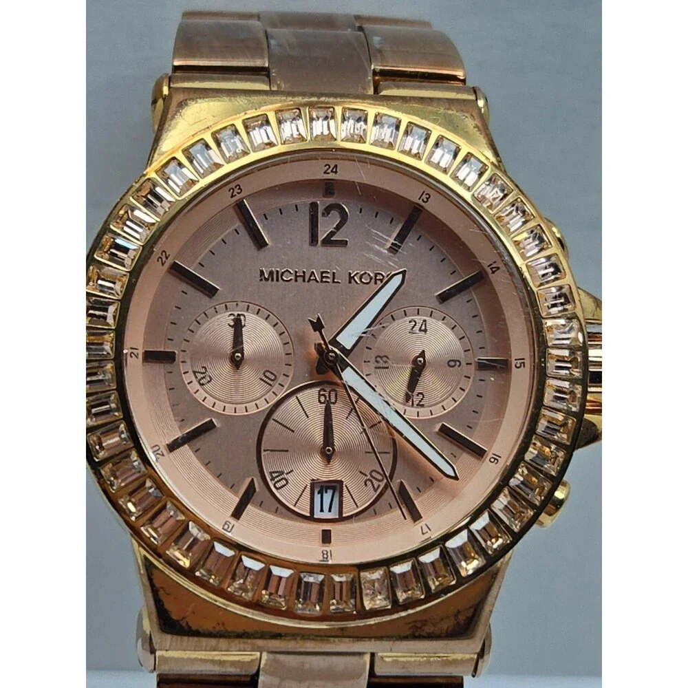 Michael Kors Dylan Womens Rose Gold Baguette Bezel Chronograph Watch New Battery
